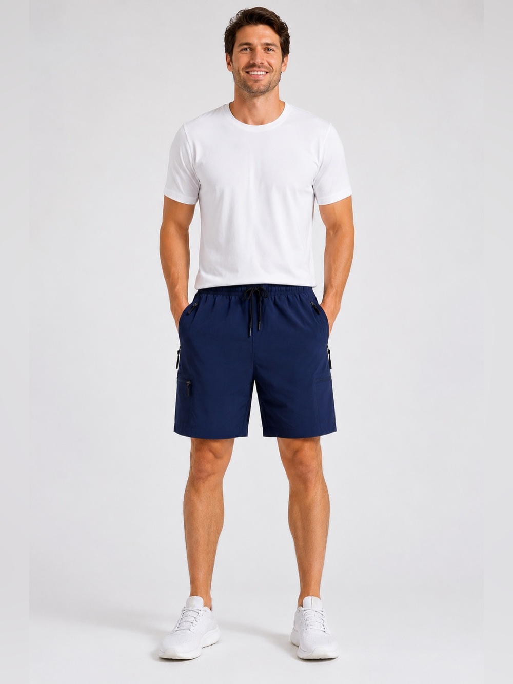 Santiny Men’s XL Navy Performance Cargo Shorts Athletic Hiking Zip Pocket